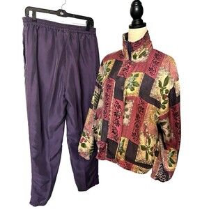 Stunt Sports Women M 100% Silk Tracksuit Set Floral Full Zip Jacket Purple Pants